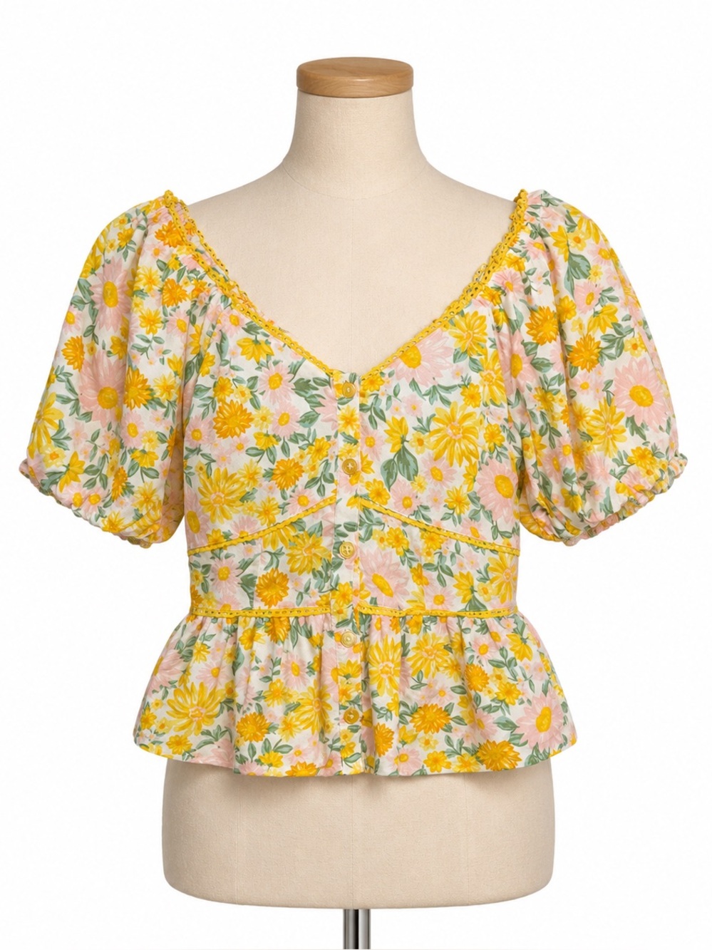 Planet Heart Floral Puff Sleeve Peplum Button Front Cottagecore Top NWT Sz XS